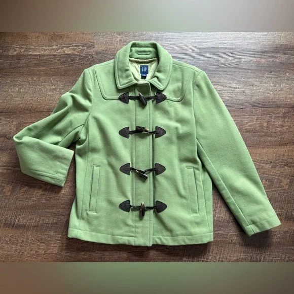 GAP Y2K apple green wool blend duffle coat toggle buttons preppy women’s L EUC - Picture 2 of 16
